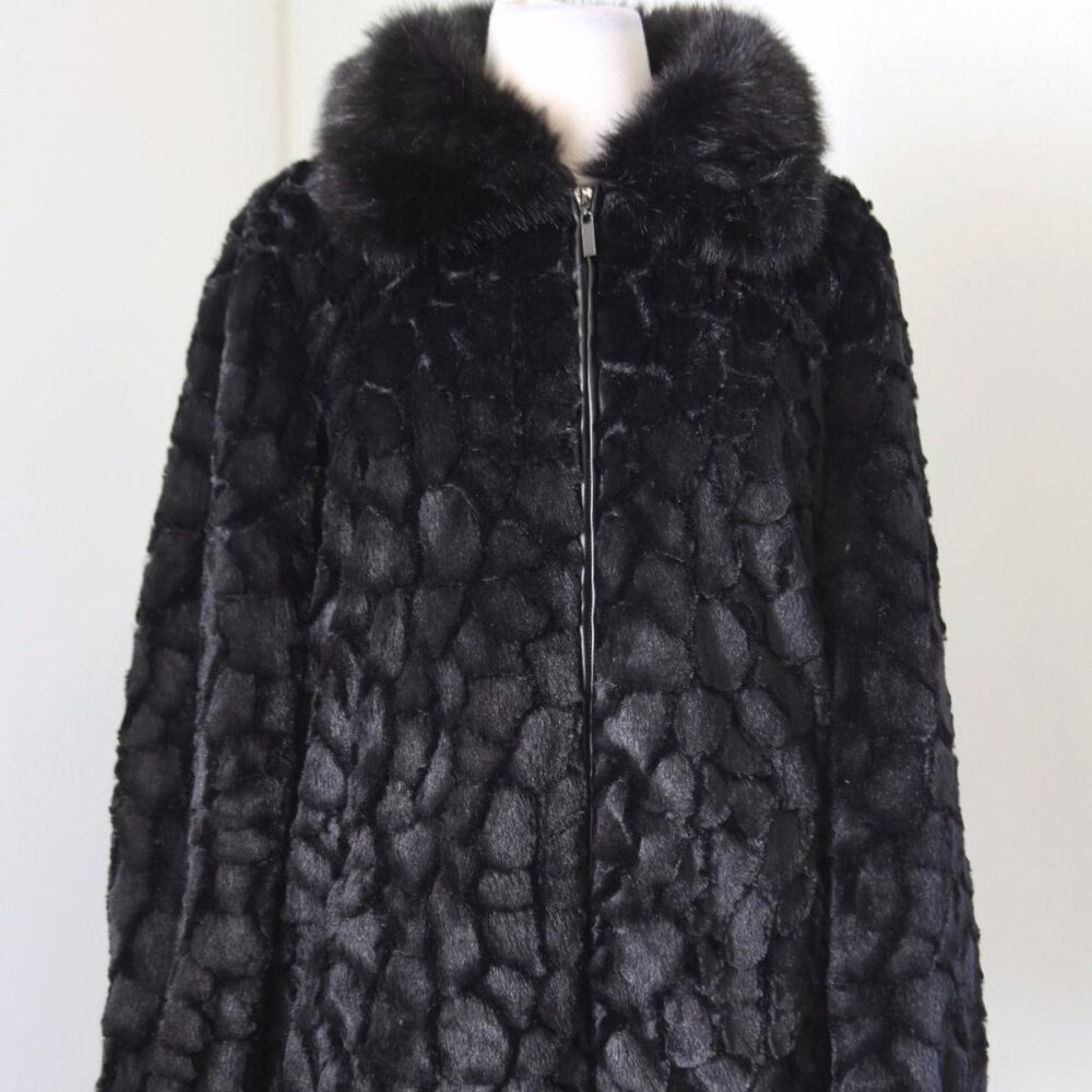 ADRIENNE LANDAU BLACK COLLARED FAUX FUR LONG SLEEVE JACKET COAT LG & XL NWT $275 - Picture 1 of 10